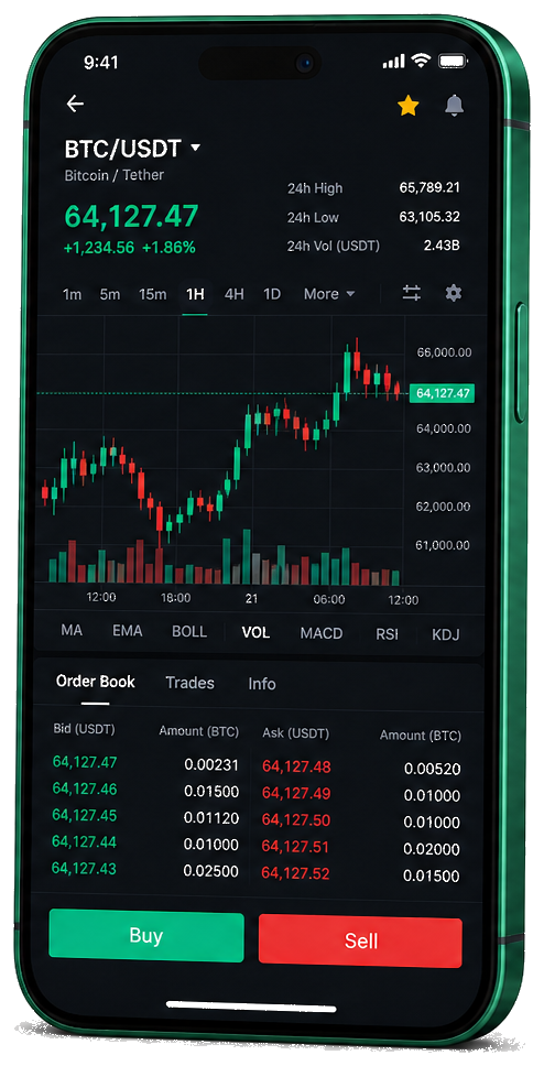 Application mobile Optigain AI — graphique BTC/USDT en direct, carnet d’ordres et outils de trading